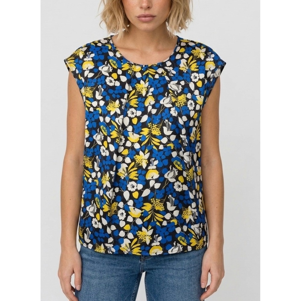 Kasper Women XL Blue Yellow Floral Pleated Cap Sleeve Blouse Top Keyhole Back